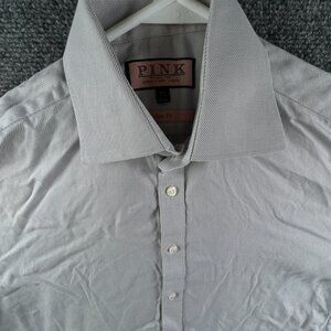 Thomas Pink Long Sleeve Button Up Shirt Men 15.5 Slim Fit Gray Striped French